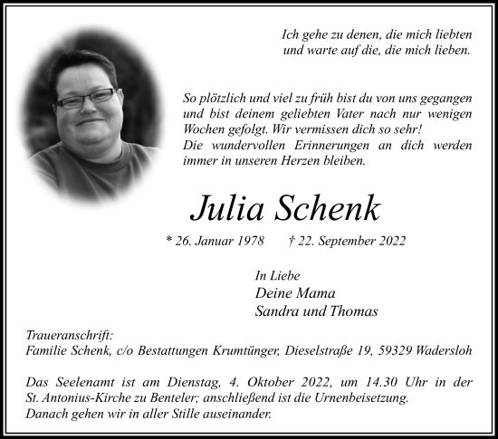 Traueranzeige von Julia Schenk von Die Glocke