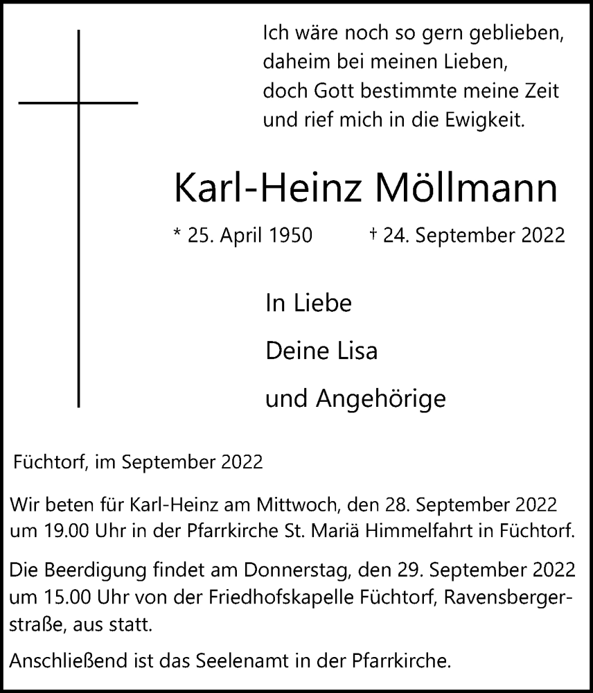  Traueranzeige für Karl-Heinz Möllmann vom 27.09.2022 aus Die Glocke