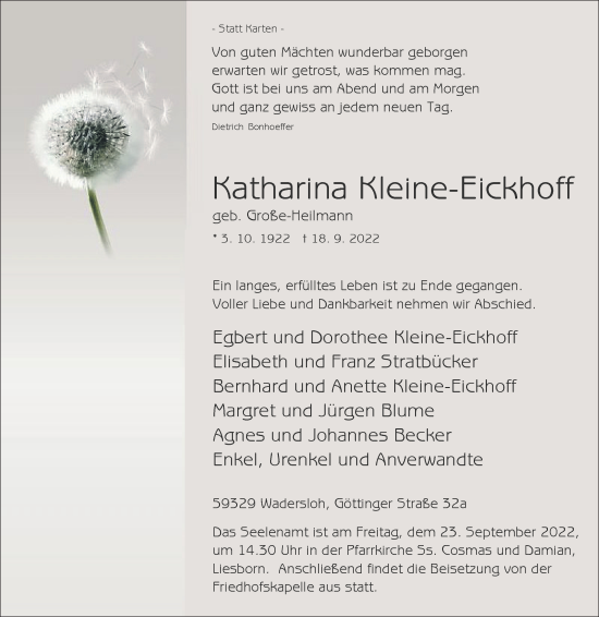 Traueranzeige von Katharina Kleine-Eickhoff von Die Glocke