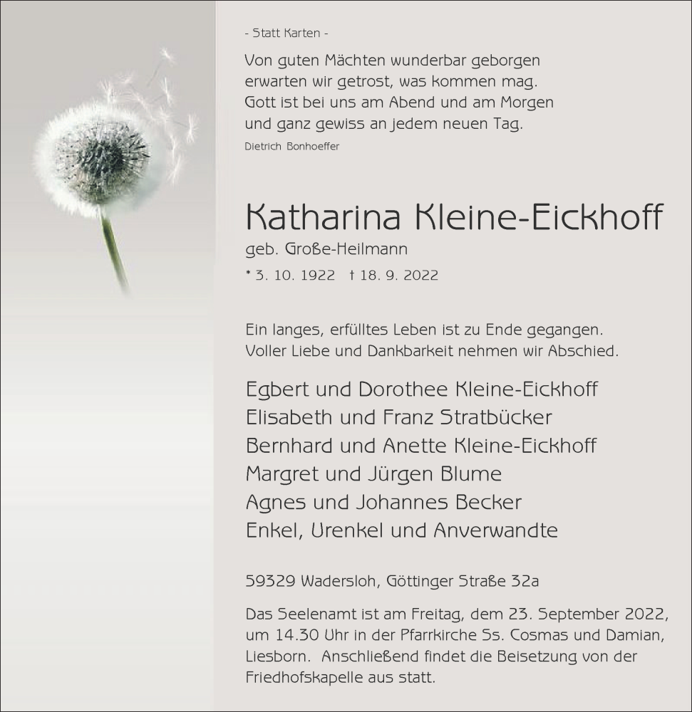  Traueranzeige für Katharina Kleine-Eickhoff vom 20.09.2022 aus Die Glocke