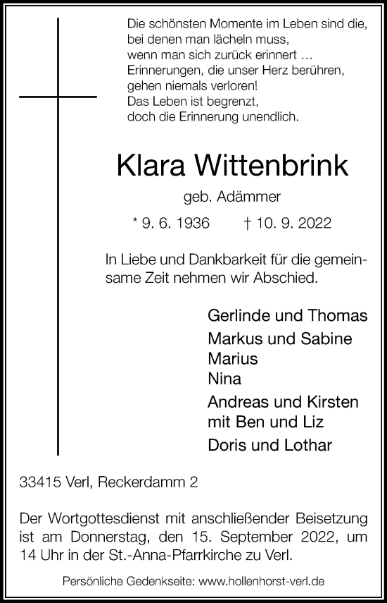 Traueranzeige von Klara Wittenbrink von Die Glocke