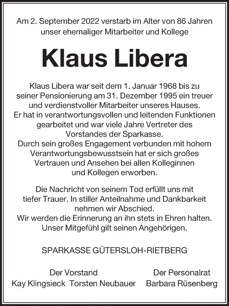  Traueranzeige für Klaus Libera vom 23.09.2022 aus Die Glocke