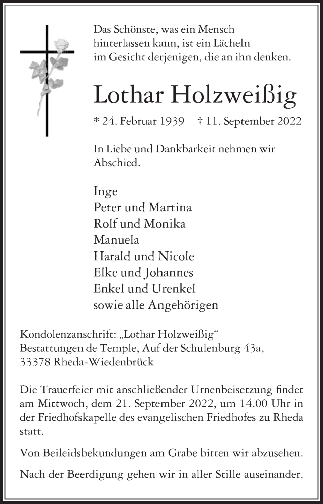  Traueranzeige für Lothar Holzweißig vom 17.09.2022 aus Die Glocke