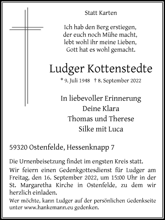 Traueranzeige von Ludger Kottenstedte von Die Glocke