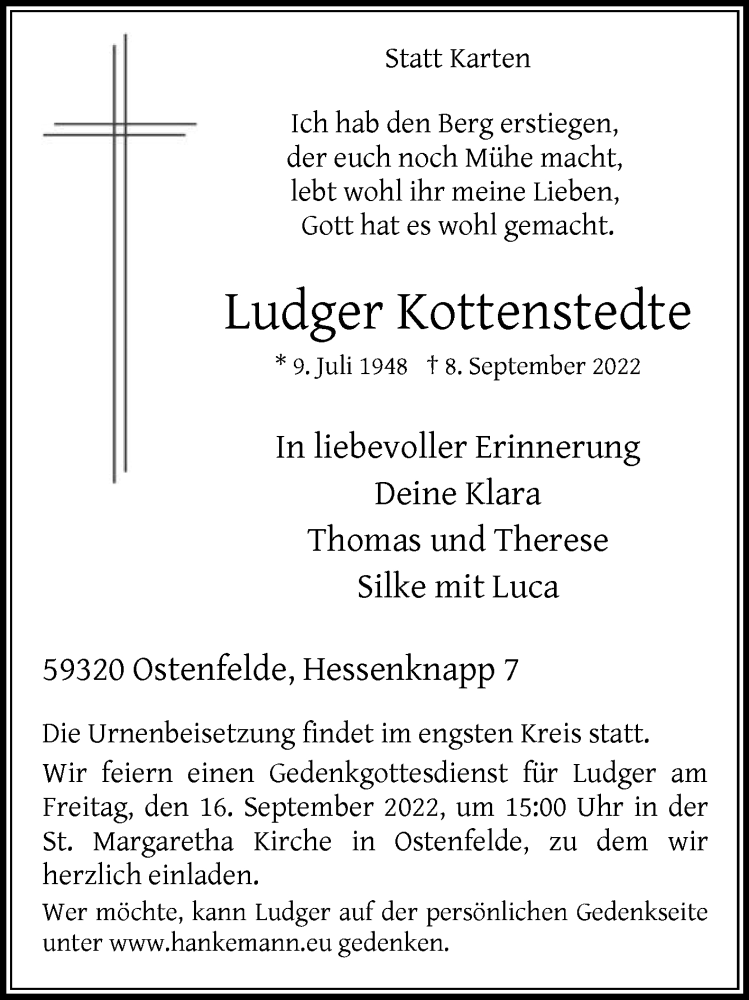  Traueranzeige für Ludger Kottenstedte vom 10.09.2022 aus Die Glocke