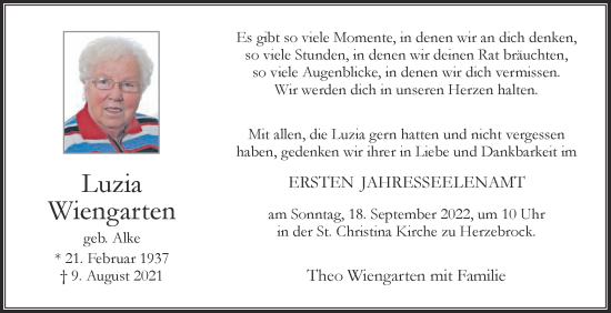 Traueranzeige von Luzia Wiengarten von Die Glocke