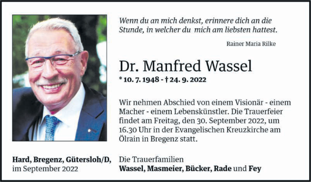  Traueranzeige für Manfred Wassel vom 28.09.2022 aus Die Glocke