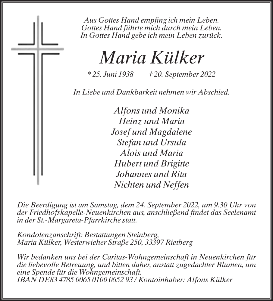  Traueranzeige für Maria Külker vom 22.09.2022 aus Die Glocke