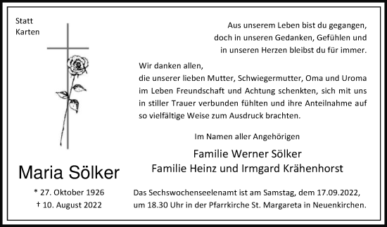 Traueranzeige von Maria Sölker von Die Glocke