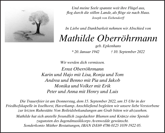 Traueranzeige von Mathilde Oberröhrmann von Die Glocke