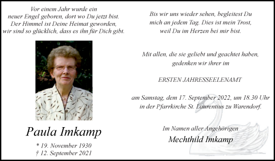 Traueranzeige von Paula Imkamp von Die Glocke