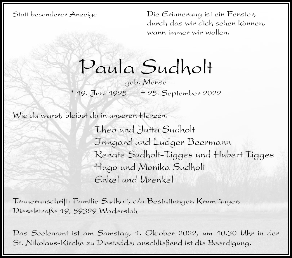  Traueranzeige für Paula Sudholt vom 28.09.2022 aus Die Glocke