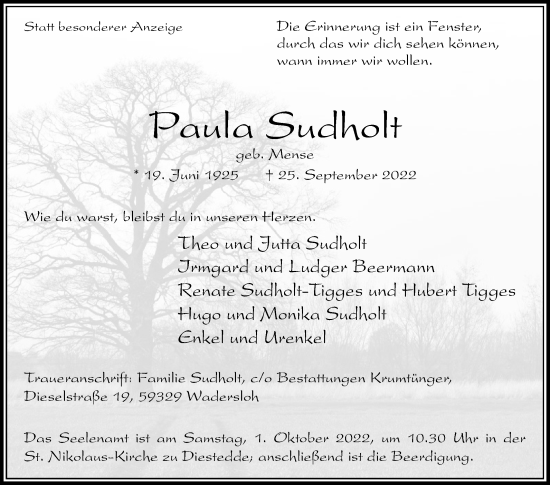 Traueranzeige von Paula Sudholt von Die Glocke