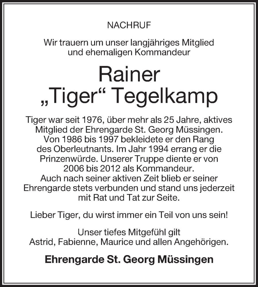 Traueranzeige für Rainer Tegelkamp vom 23.09.2022 aus Die Glocke