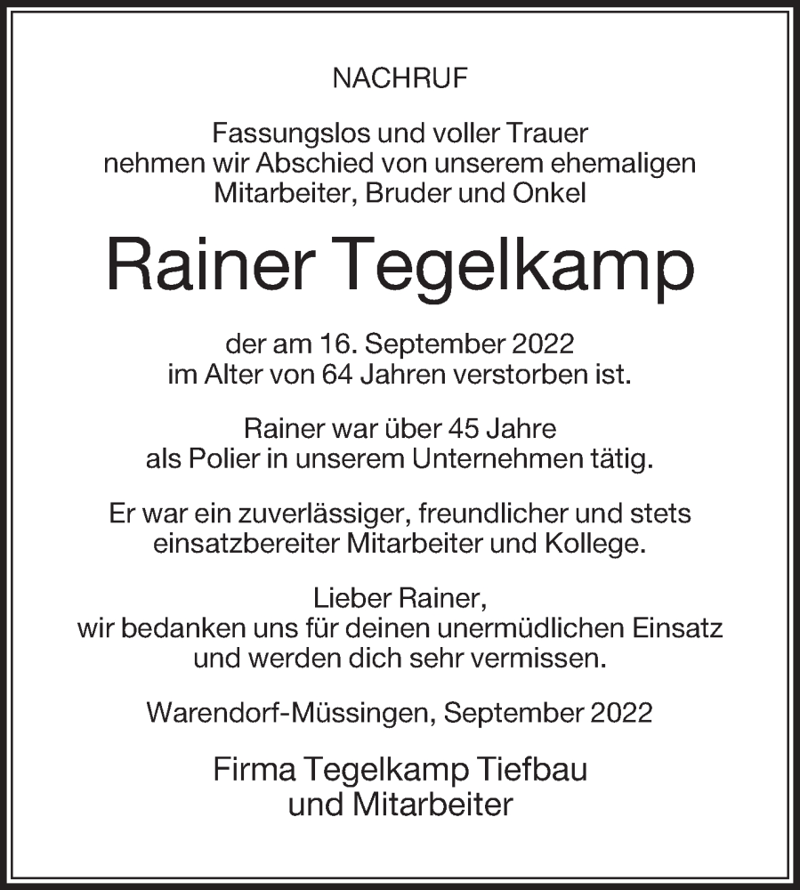  Traueranzeige für Rainer Tegelkamp vom 23.09.2022 aus Die Glocke