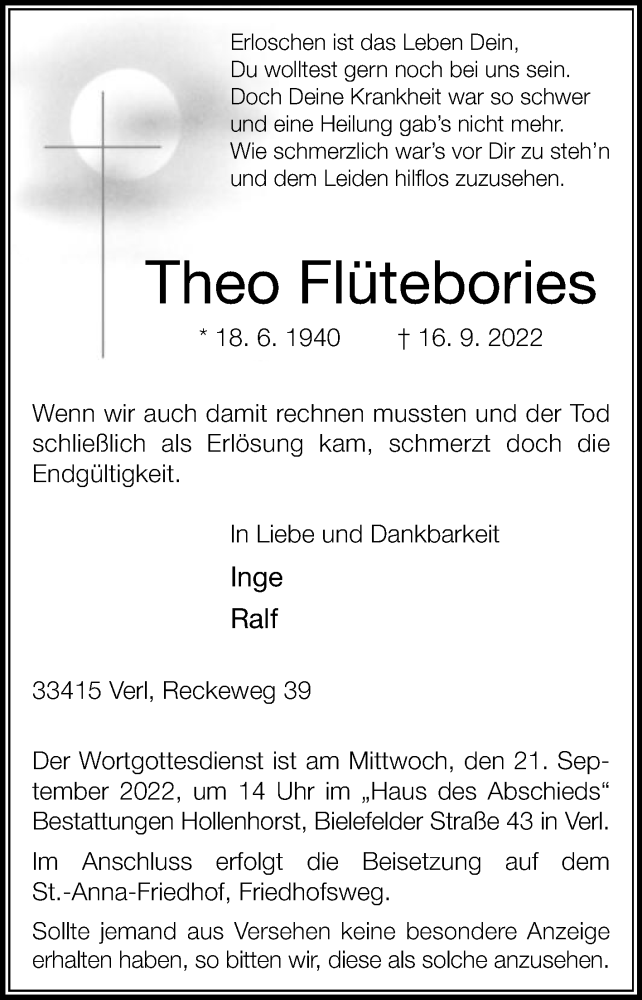  Traueranzeige für Theo Flütebories vom 19.09.2022 aus Die Glocke