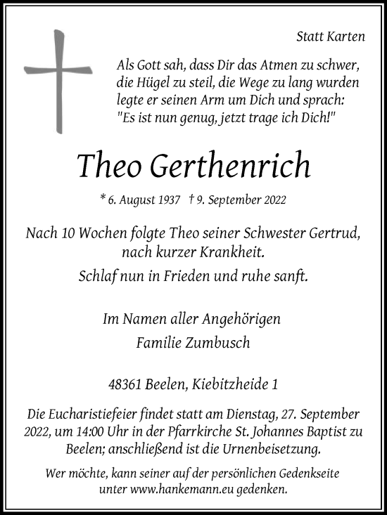 Traueranzeige von Theo Gerthenrich von Die Glocke