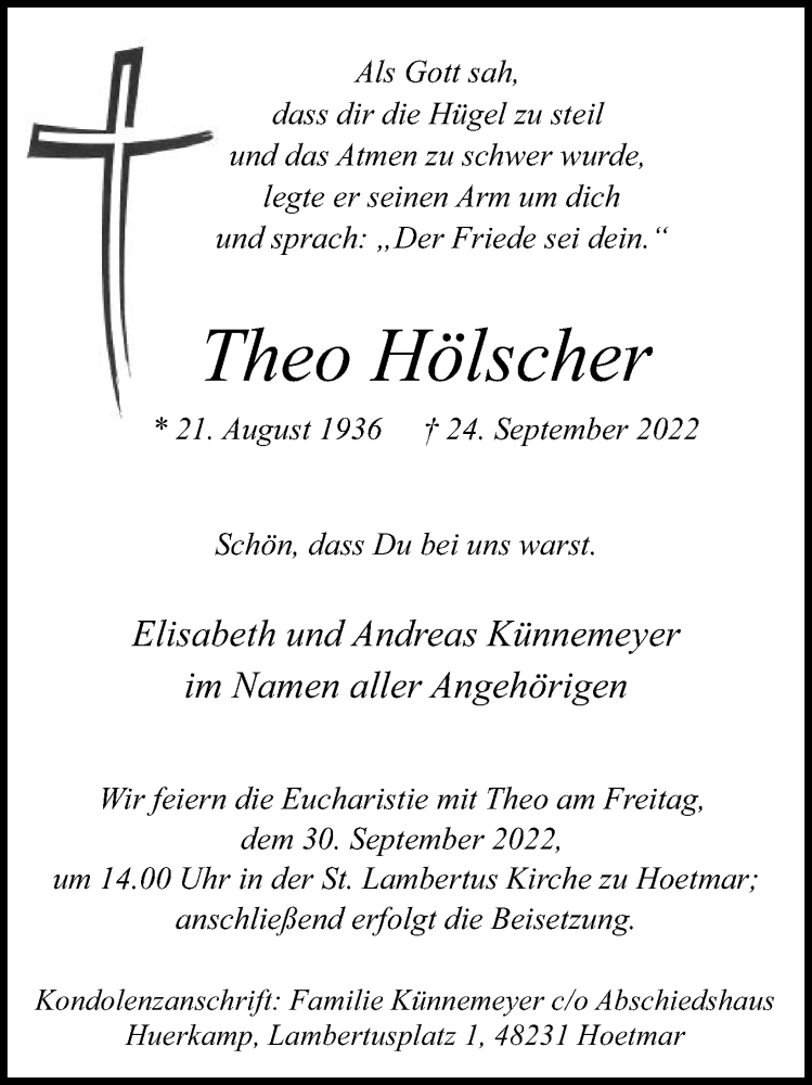  Traueranzeige für Theo Hölscher vom 27.09.2022 aus Die Glocke