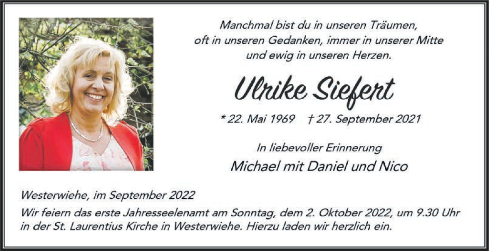  Traueranzeige für Ulrike Siefert vom 28.09.2022 aus Die Glocke