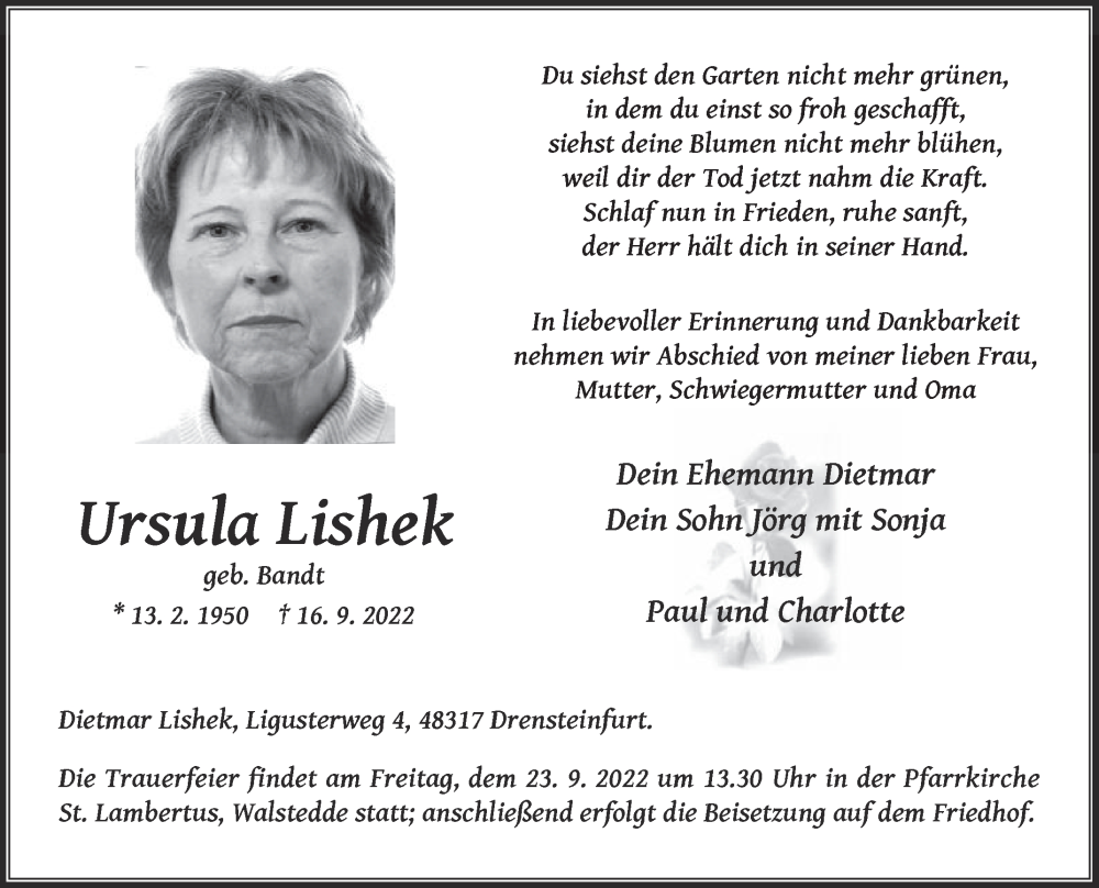  Traueranzeige für Ursula Lishek vom 22.09.2022 aus Die Glocke