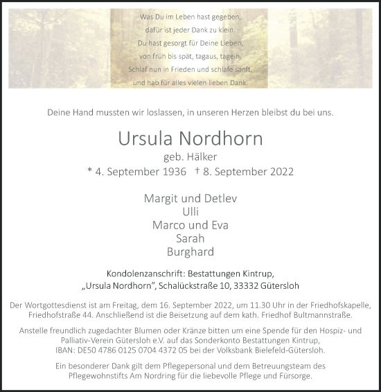 Traueranzeige von Ursula Nordhorn von Die Glocke