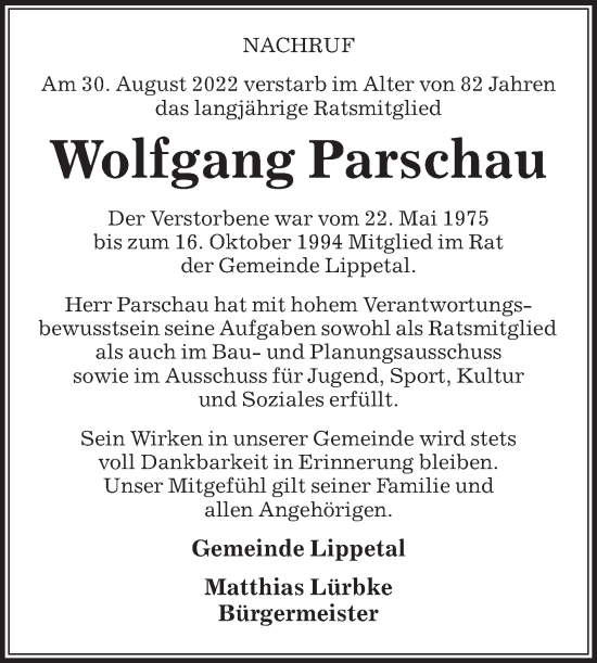 Traueranzeige von Wolfgang Parschau von Die Glocke