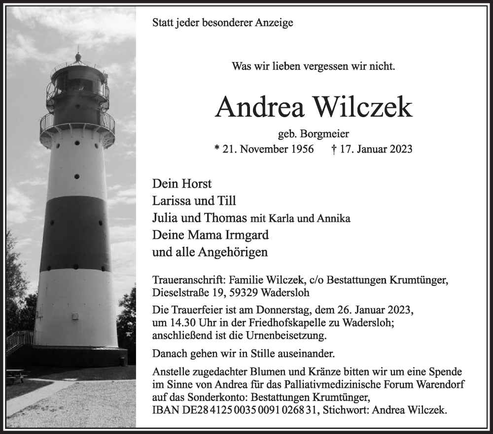  Traueranzeige für Andrea Wilczek vom 21.01.2023 aus Die Glocke