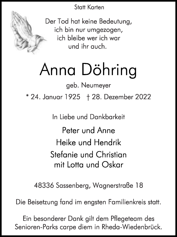  Traueranzeige für Anna Döhring vom 21.01.2023 aus Die Glocke