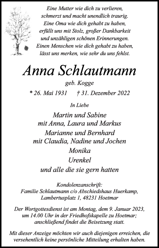 Traueranzeige von Anna Schlautmann von Die Glocke