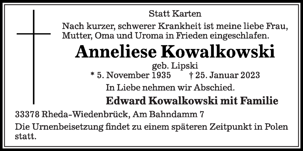  Traueranzeige für Anneliese Kowalkowski vom 28.01.2023 aus Die Glocke