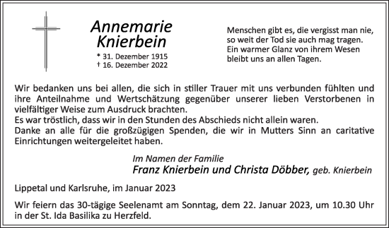 Traueranzeige von Annemarie Knierbein von Die Glocke