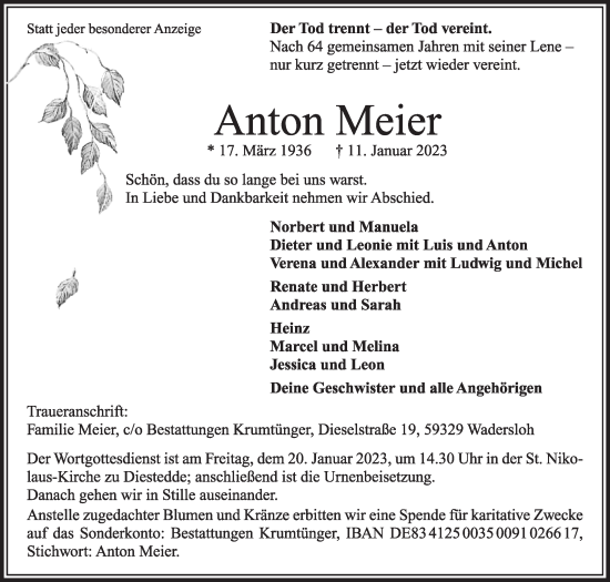 Traueranzeige von Anton Meier von Die Glocke