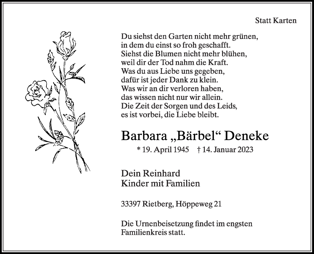  Traueranzeige für Barbara Deneke vom 21.01.2023 aus Die Glocke