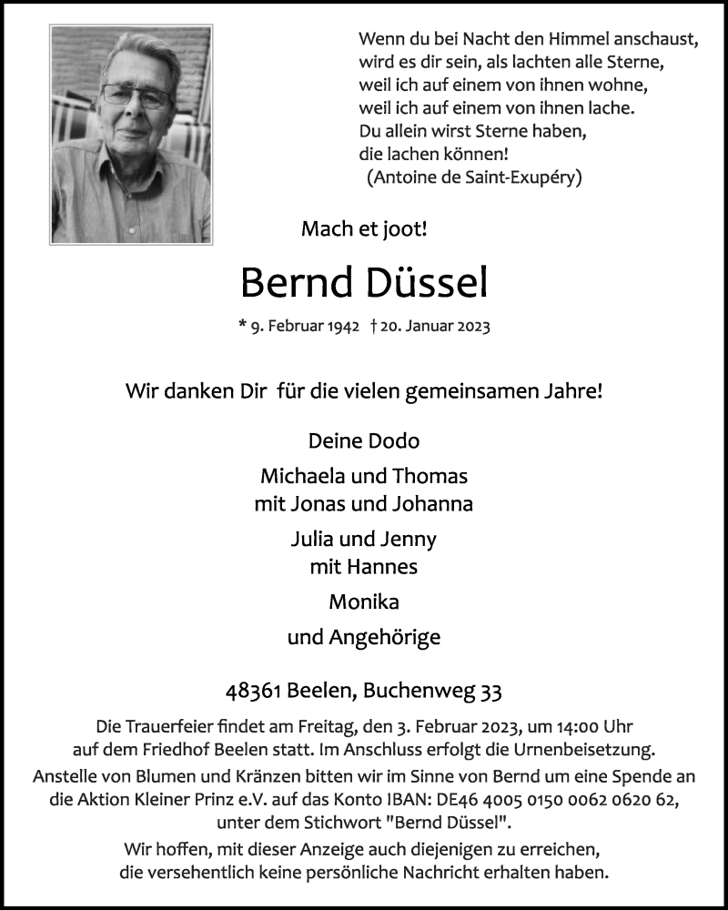  Traueranzeige für Bernd Düssel vom 24.01.2023 aus Die Glocke