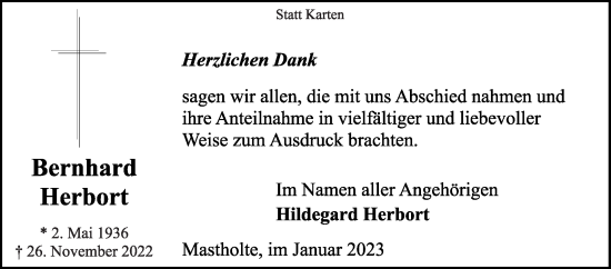 Traueranzeige von Bernhard Herbort von Die Glocke