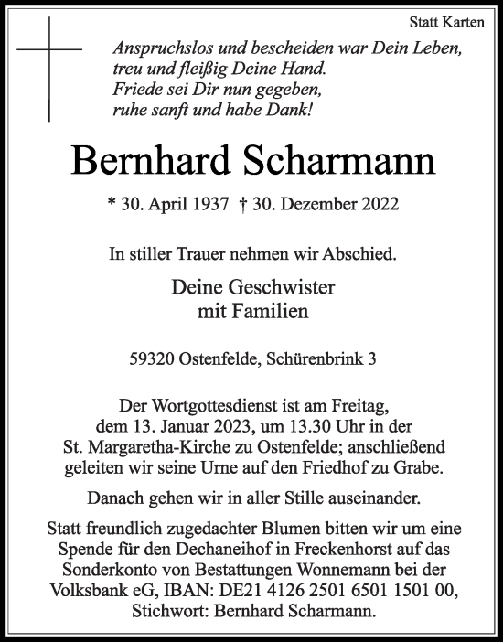 Traueranzeige von Bernhard Scharmann von Die Glocke