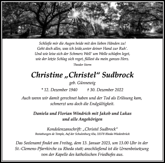 Traueranzeige von Christine Sudbrock von Die Glocke