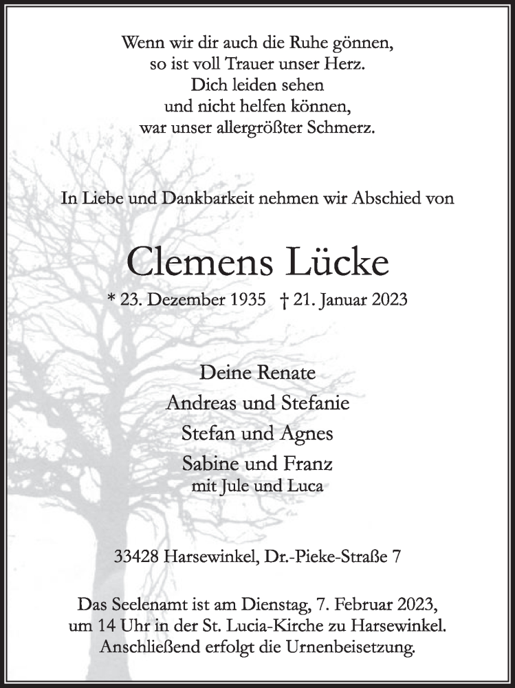  Traueranzeige für Clemens Lücke vom 28.01.2023 aus Die Glocke