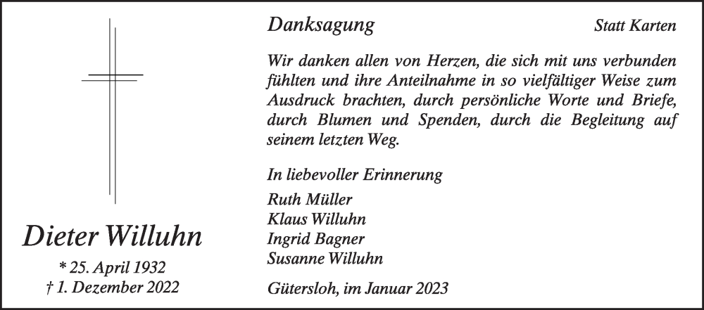  Traueranzeige für Dieter Willuhn vom 21.01.2023 aus Die Glocke