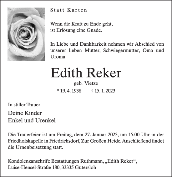Traueranzeige von Edith Reker von Die Glocke