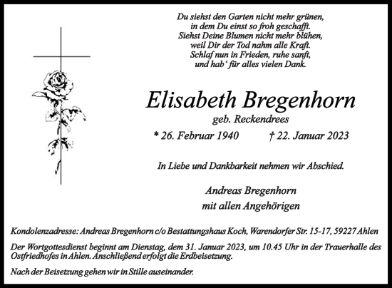 Traueranzeige von Elisabeth Bregenhorn von Die Glocke