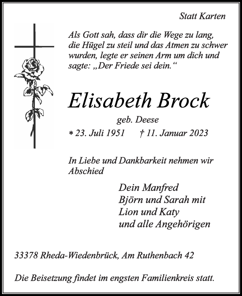  Traueranzeige für Elisabeth Brock vom 21.01.2023 aus Die Glocke