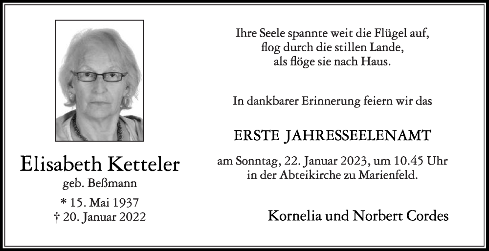  Traueranzeige für Elisabeth Ketteler vom 14.01.2023 aus Die Glocke