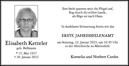 Traueranzeige von Elisabeth Ketteler von Die Glocke