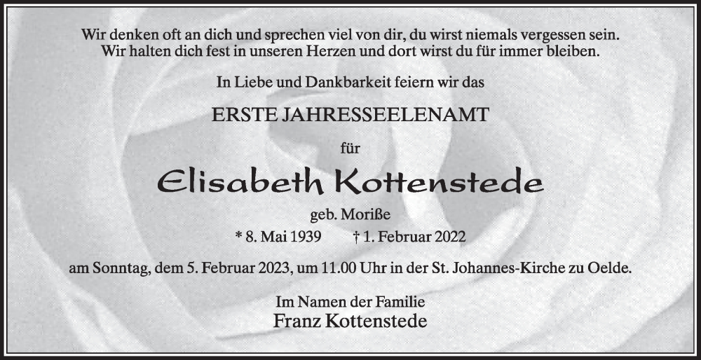  Traueranzeige für Elisabeth Kottenstede vom 28.01.2023 aus Die Glocke