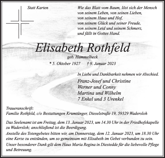 Traueranzeige von Elisabeth Rothfeld von Die Glocke