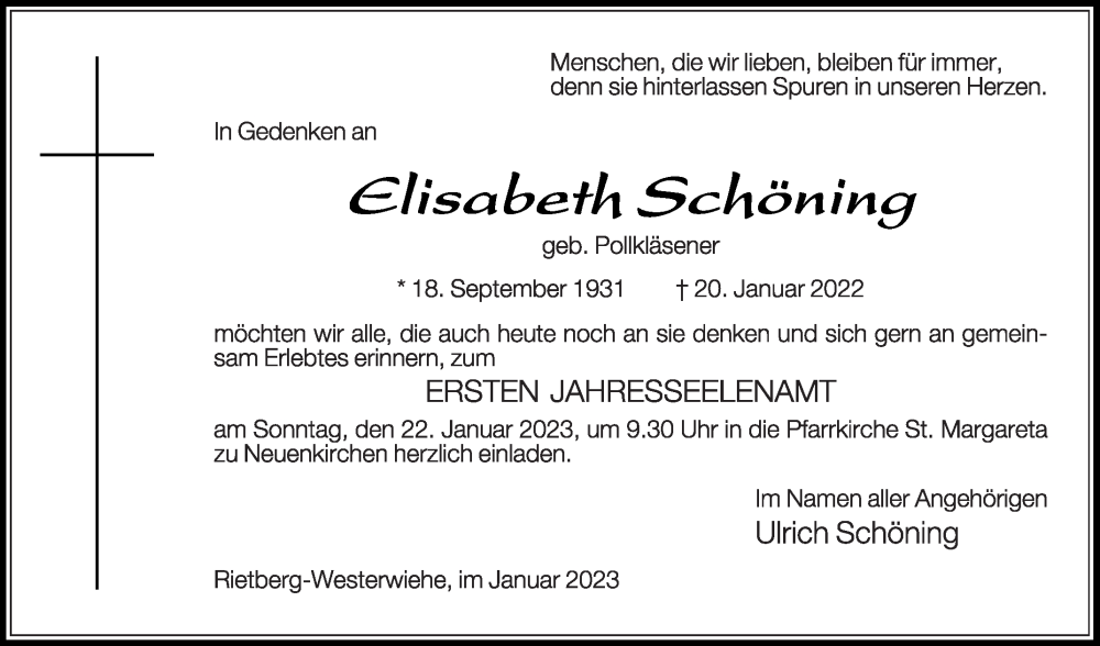  Traueranzeige für Elisabeth Schöning vom 14.01.2023 aus Die Glocke