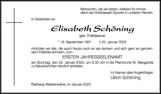 Traueranzeige von Elisabeth Schöning von Die Glocke