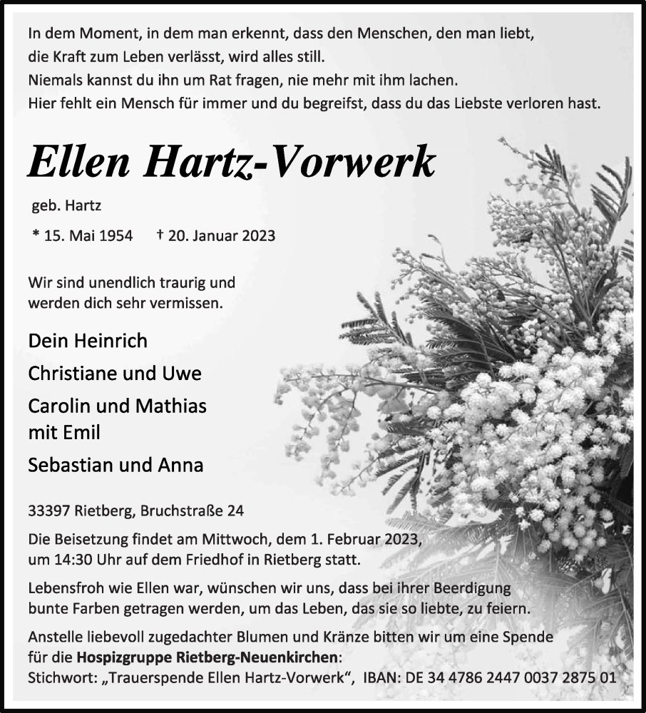  Traueranzeige für Ellen Hartz-Vorwerk vom 25.01.2023 aus Die Glocke