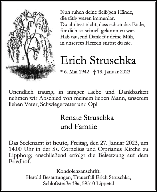 Traueranzeige von Erich Struschka von Die Glocke